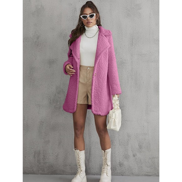 BohoGypsyDreamer.com Jackets & Blazers - Button Front Teddy Coat Long Trench Coat Jacket hot pink faux fur